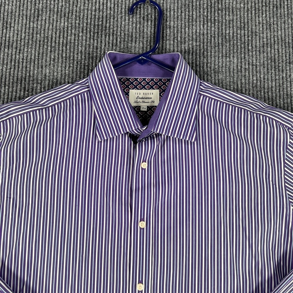 Ted Baker Shirt Mens 17.5 Purple Striped Long Sleeve Button Up Endurance Classic